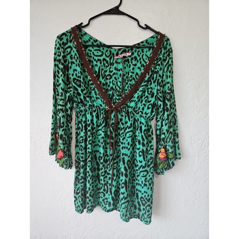 Y2k COEUR aninmal Print Floral Applique Blouse SZ small Babydoll Fairygrunge